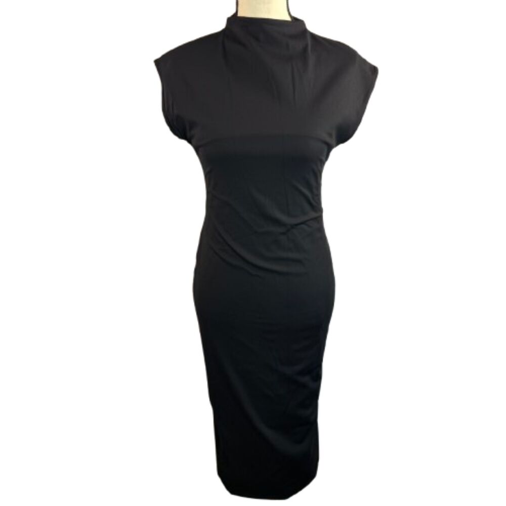 Open Edit Black Bodycon High Neck Cap Sleeve Stretchy Minimalist Midi Dress S - Picture 5 of 8